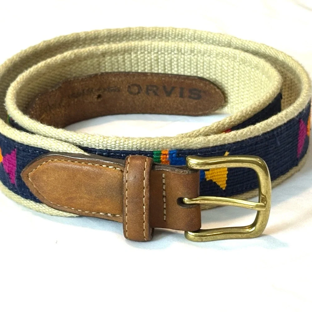 Orvis Brown Leather & Navy Embroidered Fish Belts BUNDLE OF 2 TOTAL